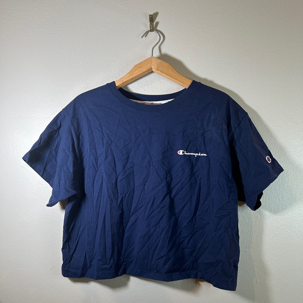 Cozy Casual Lounge Gym Workout Champion Navy Blue Sporty Soft Cropped T-shirt L